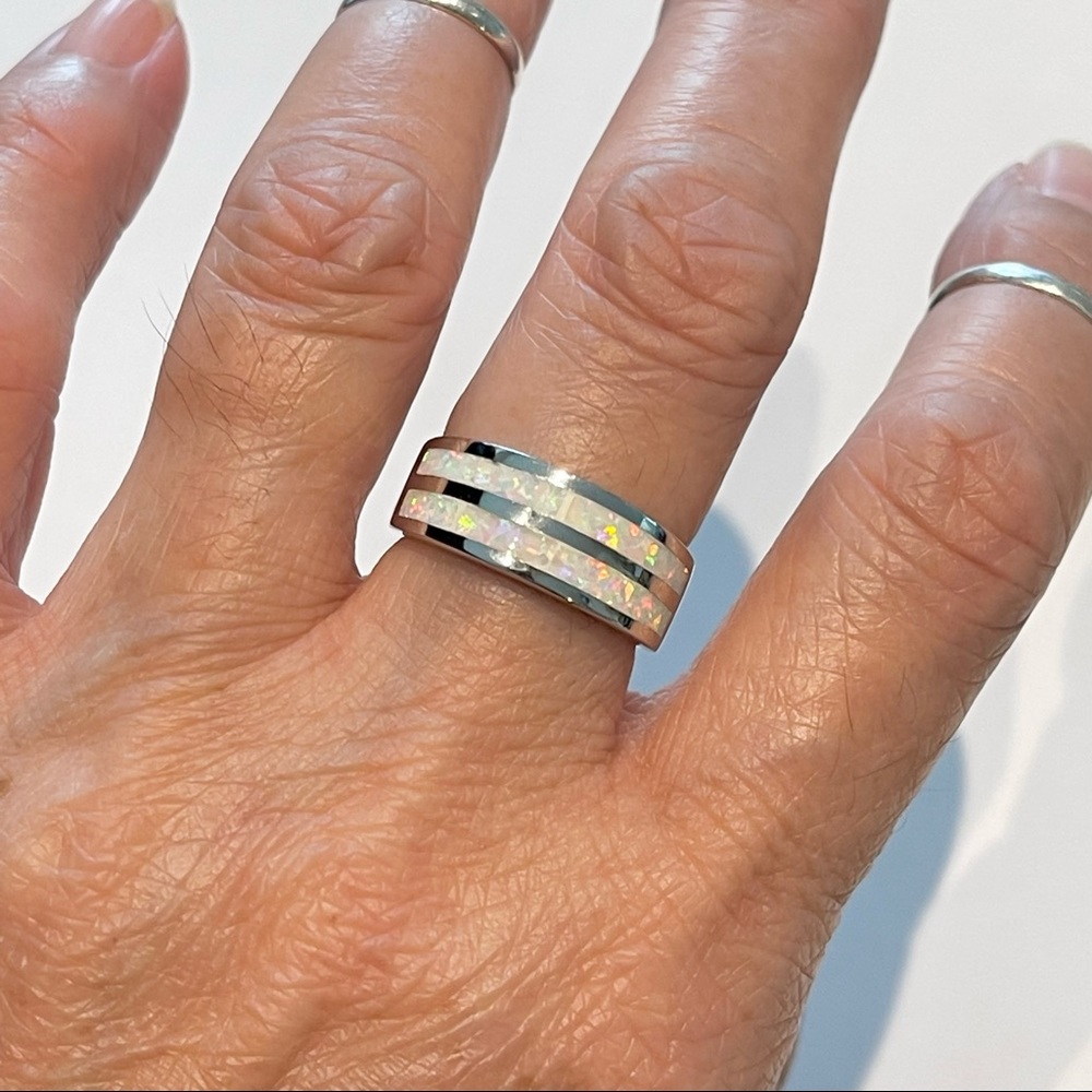 Sterling Silver White Lab Opal Ring, Wedding Band, October Birthstone Rings - Picture 1 of 13